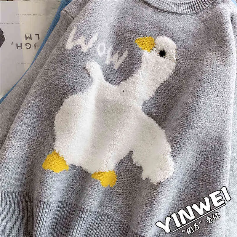 Plus Size Cartoon Goose Print Knitted Sweater Women Sweet Loose Fashion Casual Korean O Neck Long Sleeve Oversize Pullover Pull Y1110