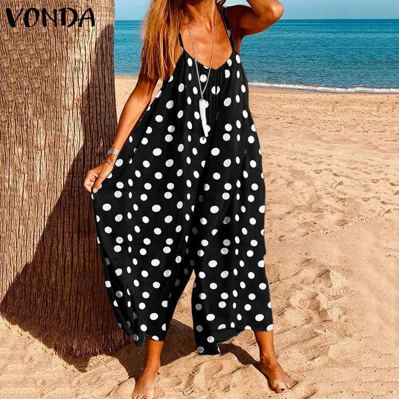 Office Ldies Wide Leg Pants Casual Pants Beach Holiday Overall Vonda Summer Polka Dot Rompers Women Jumpsuits Plus Size 210326