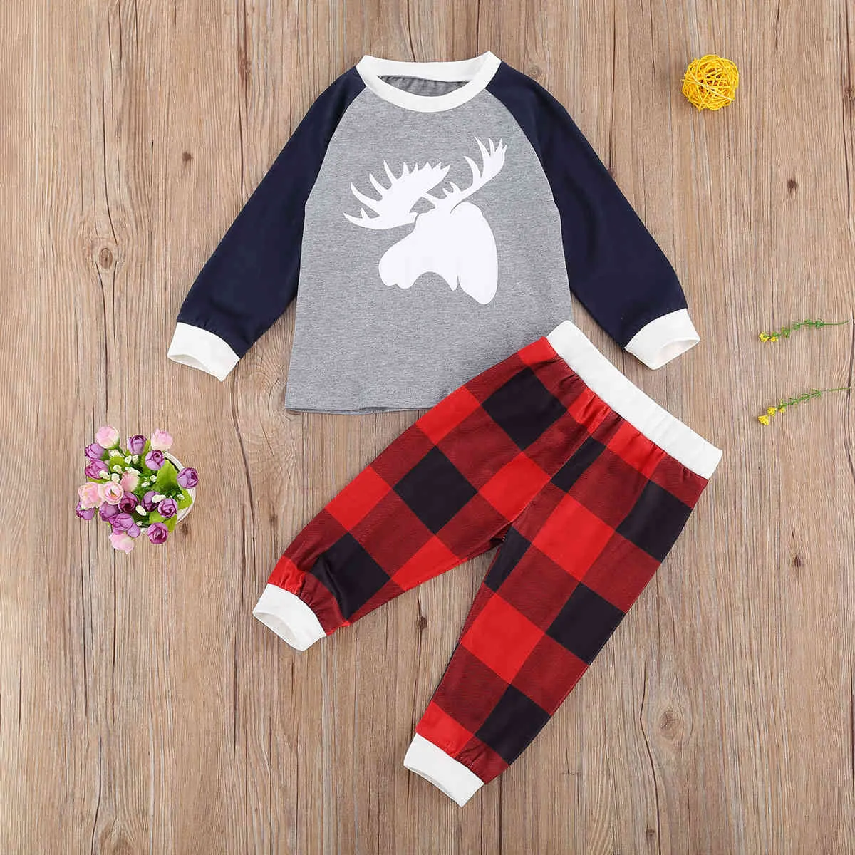 1-6Y Kerst Peuter Kid Jongens Pyjama Sets Deer Lange Mouw Top Plaid Broek Xmas Outfits Kinderkleding 210515