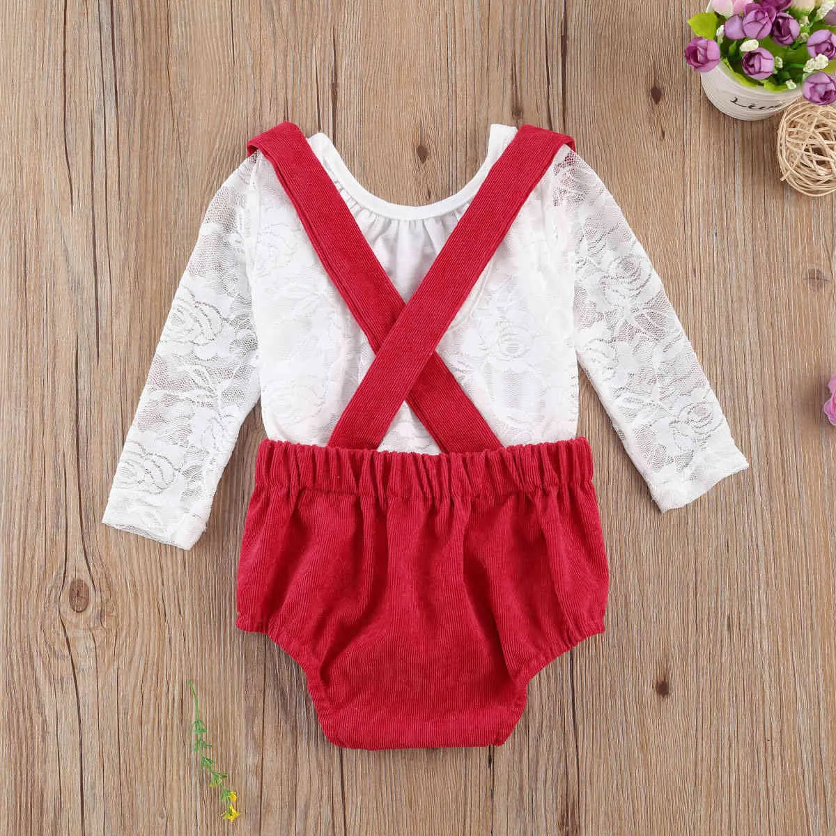 0-18m Boże Narodzenie Niemowlę Born Baby Girl Ubrania Zestaw Białe Koronki Romper Red Corduroy Ogólne stroje jesienią odzież dla niemowląt 210515