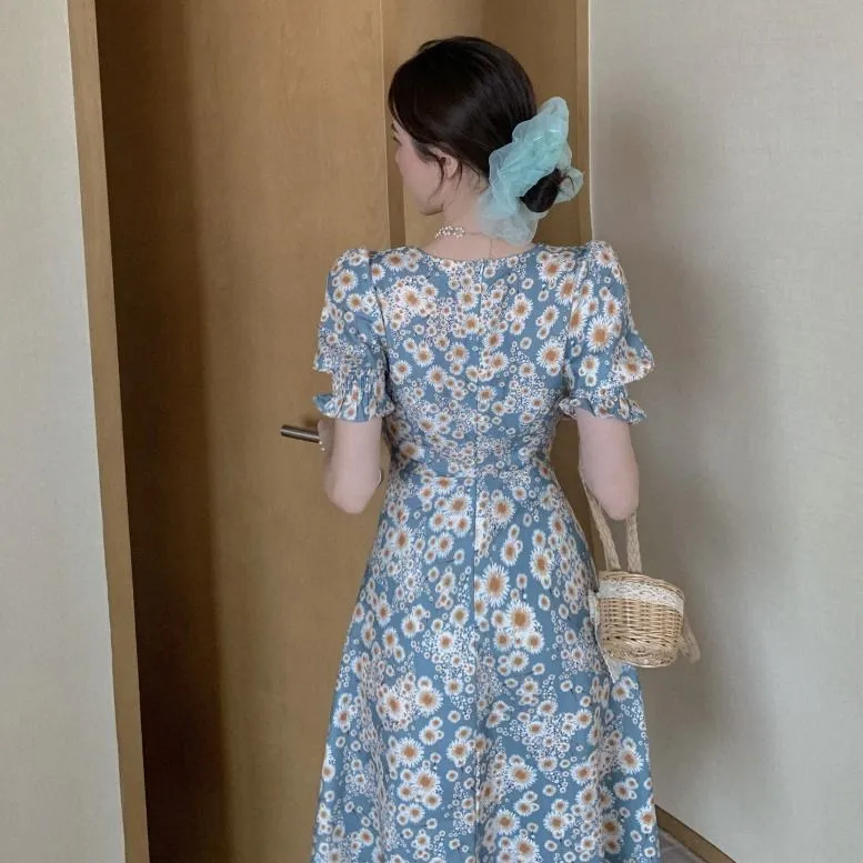Летнее цветочное платье Женщины французский стиль слоеного рукава шифоновое разделительное платье негабаритное корейское печать платье женщины летняя одежда 2020 x0521