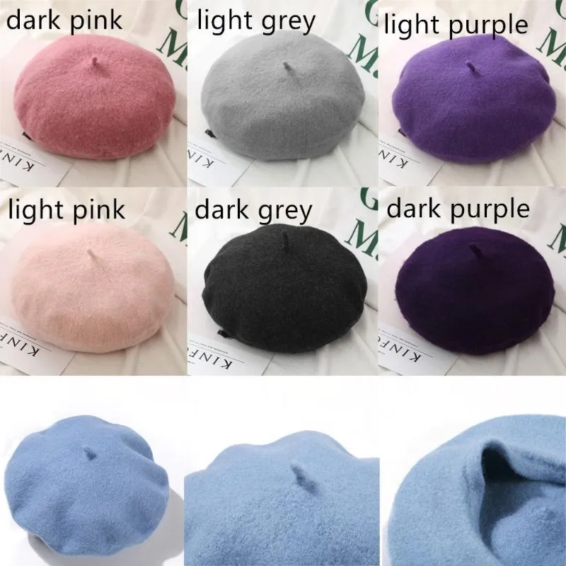 Bérets femmes filles Baggy Beanie couleur unie feutre casquette plate chapeau automne béret laine