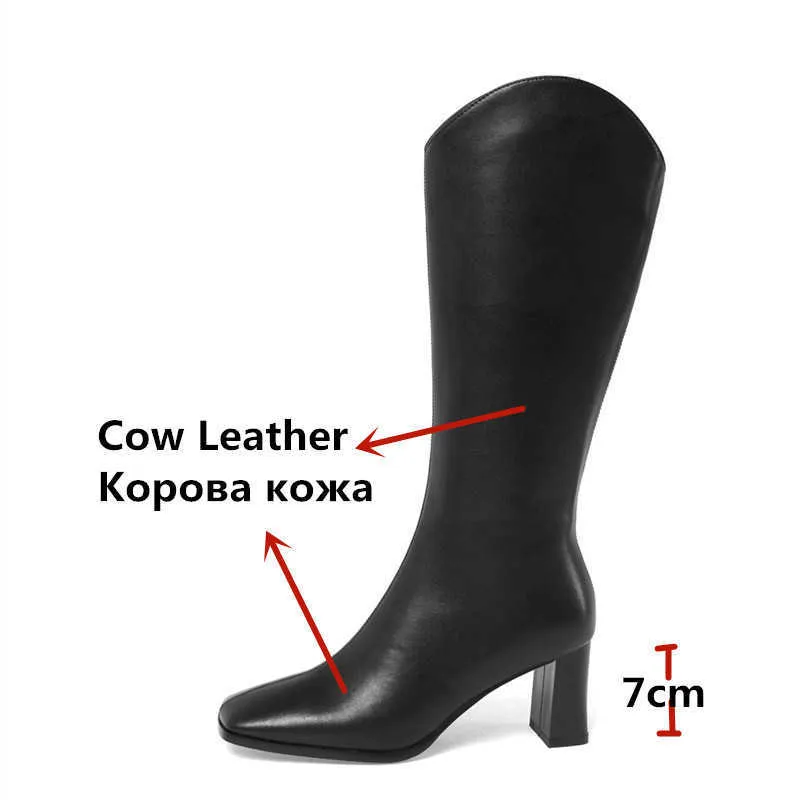 Elegante quadratische Zehe kniehohe Stiefel für Frauen breites Bein echtes Leder Winterschuhe Frau Heels Hochzeit schlank lang 210528