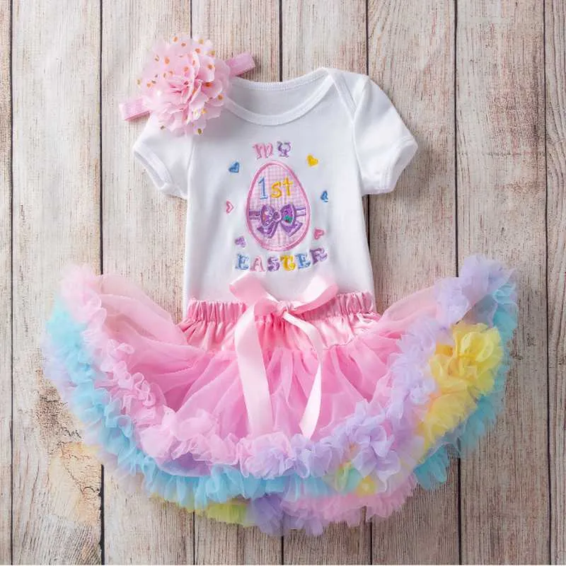 Zomer Baby Meisjes 2-PCs Sets Borduurwerk Paasei Brief T-shirt + Bow Tutu Rok Outfits Kinderen Jumpsuit E014 210610