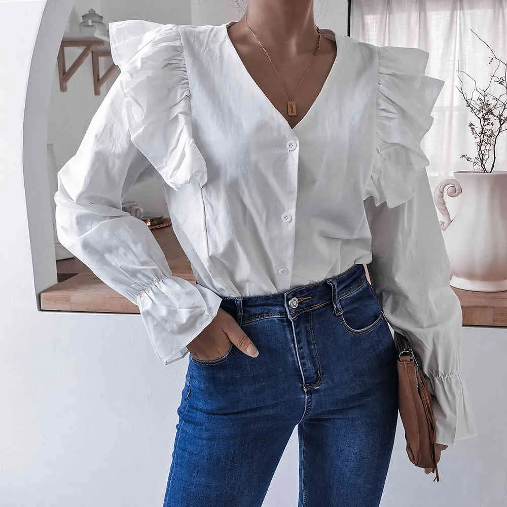 Automne blanc vintage chemise Blouses pour femmes blouse avec V manches cloche volants décontracté hauts blancs vêtements pour femmes 210508