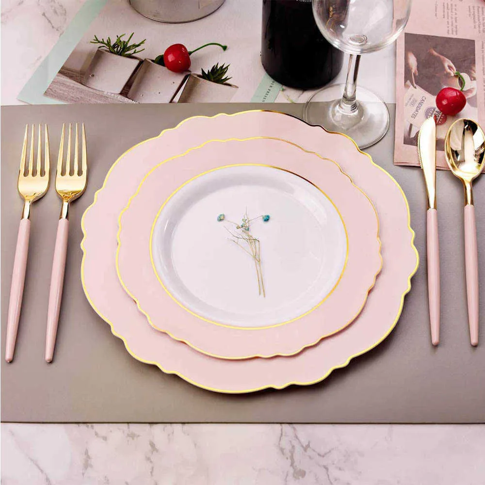 고급 웨딩 어머니의 날 파티 용품에 적합한 금 모서리가있는 50 개 PCS 일회용 식탁 핑크 그린 플라스틱 플레이트 223Z