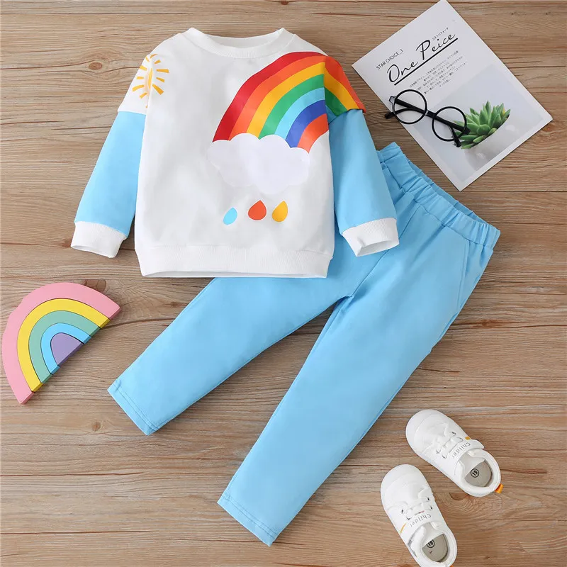 Baby Boys Spring Clothing Sets Rainbow Print Stitching Toddler Clothes Sweatshirt Pants Outfit Suit Kids Children 2105085166387