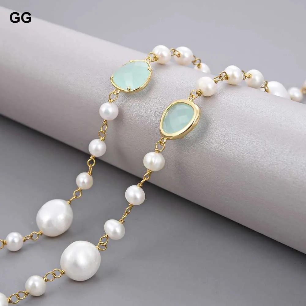 GuaiGuai – collier Long en perles Keshi baroques blanches naturelles, bijoux en cristal bleu, 44 pouces
