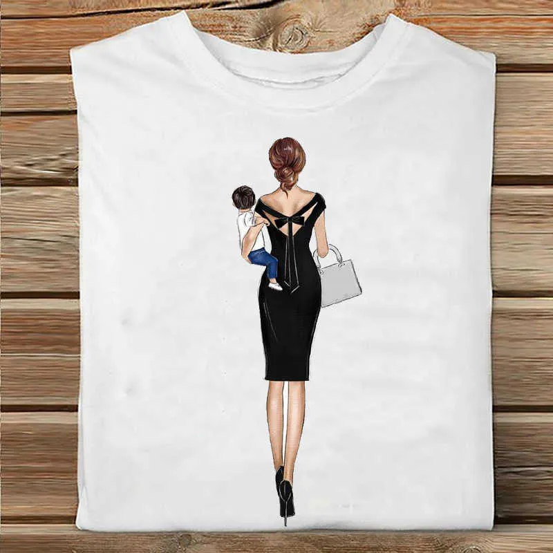 Mulheres Manga Curta Menino 2021 Primavera Amor Doce Mamãe Mãe Mãe Moda Roupas Imprimir Tshirt T-shirt Gráfico de Tee Feminino T-shirt X0527