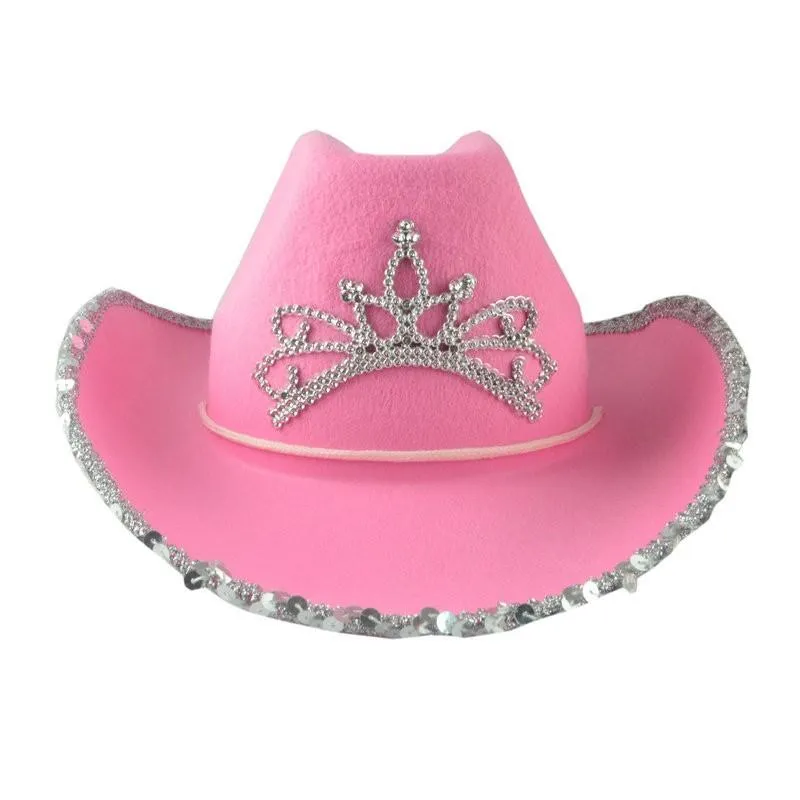 Sombreros de ala ancha 2022 Estilo occidental Sombrero de vaquero rosa Tiara Cowgirl Cap para mujeres Chica Cumpleaños Disfraz Party308Z