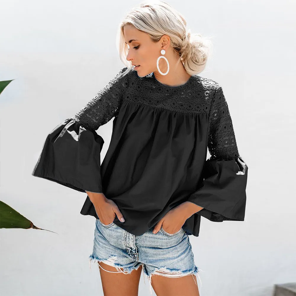Kvinnor T Shirt Flared Sleeve Lace Shirt Långtröjor Lösa Ladies Ops Plus Size Woman Summer Ops -Shirt 210513