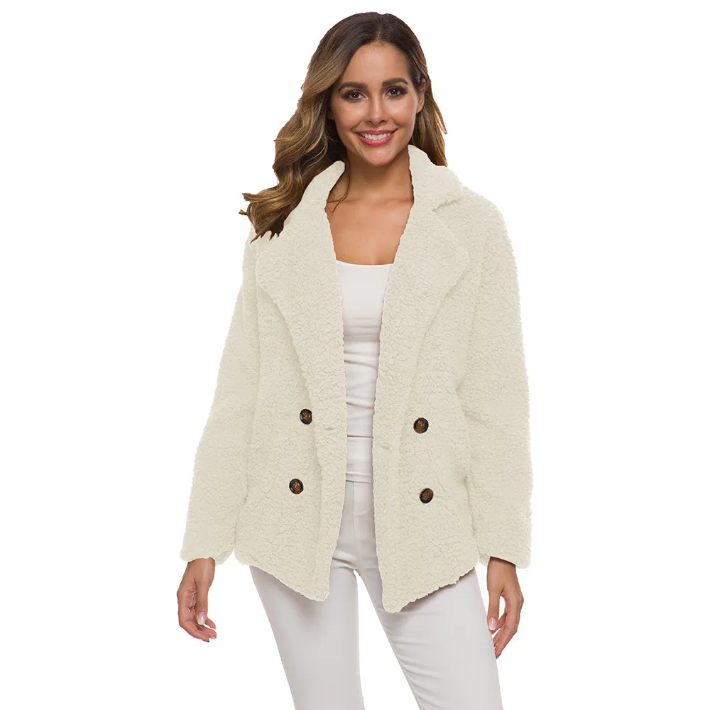 Casual Teddy Mantel Frauen Herbst Winter Revers Zweireiher Plus Größe Warme Faux Pelz Jacke Weibliche Lose Tasche Plüsch Outwear 210507