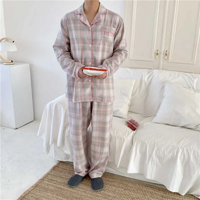 Nightwear Gentle Plaid Två Pieace Suit Cotton Homewear Soft Casual Loose Fashion Långärmad Pyjamas Set 210525