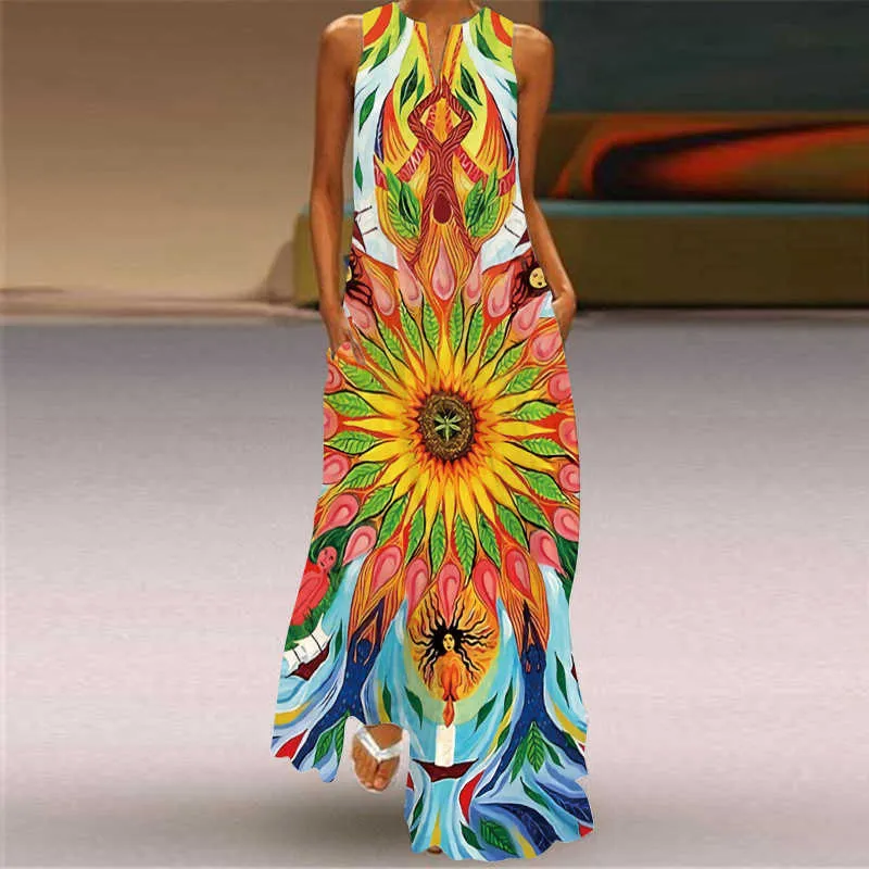 Wayoflove Est Girl Cartoon Drukuj Długa Dress Summer Beach Casual Plus Size Długie sukienki Kobieta Bez Rękawów Maxi Sukienka Kobiety 210602