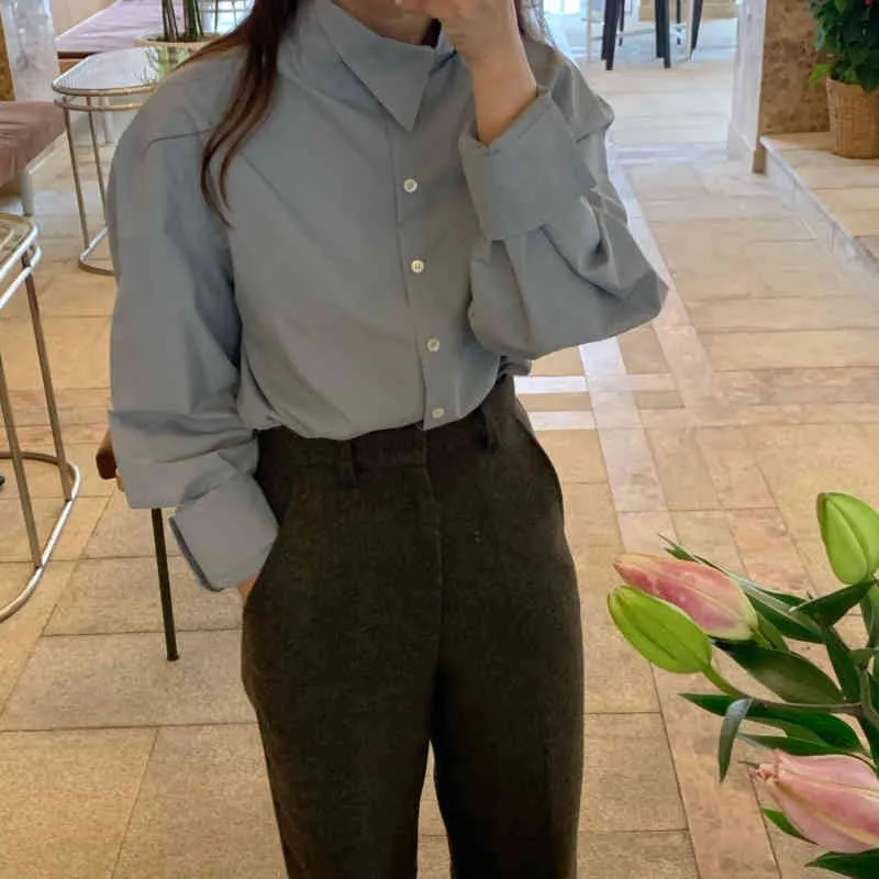 Mode Korea Lente Herfst Blouse Dames Casual Plus Size Gray Shirts Button Cardigan Dames Tops Kleding 12542 210508