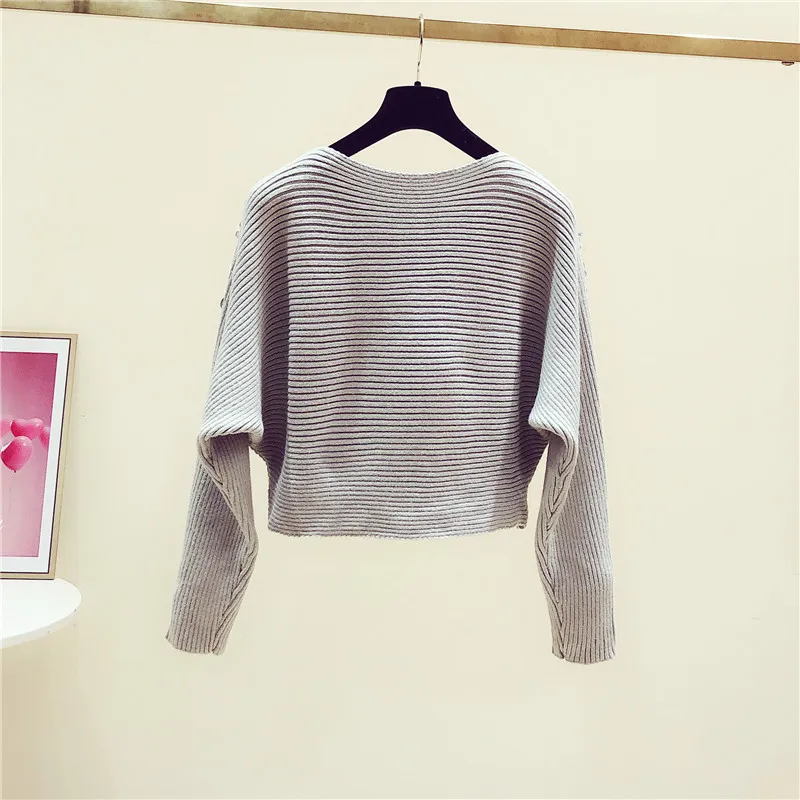 Spring Korean Style Sweater Woman Autumn Sequined Batwing-Sleeve Loose-Fit Round-Neck Pullover Sweter 210428