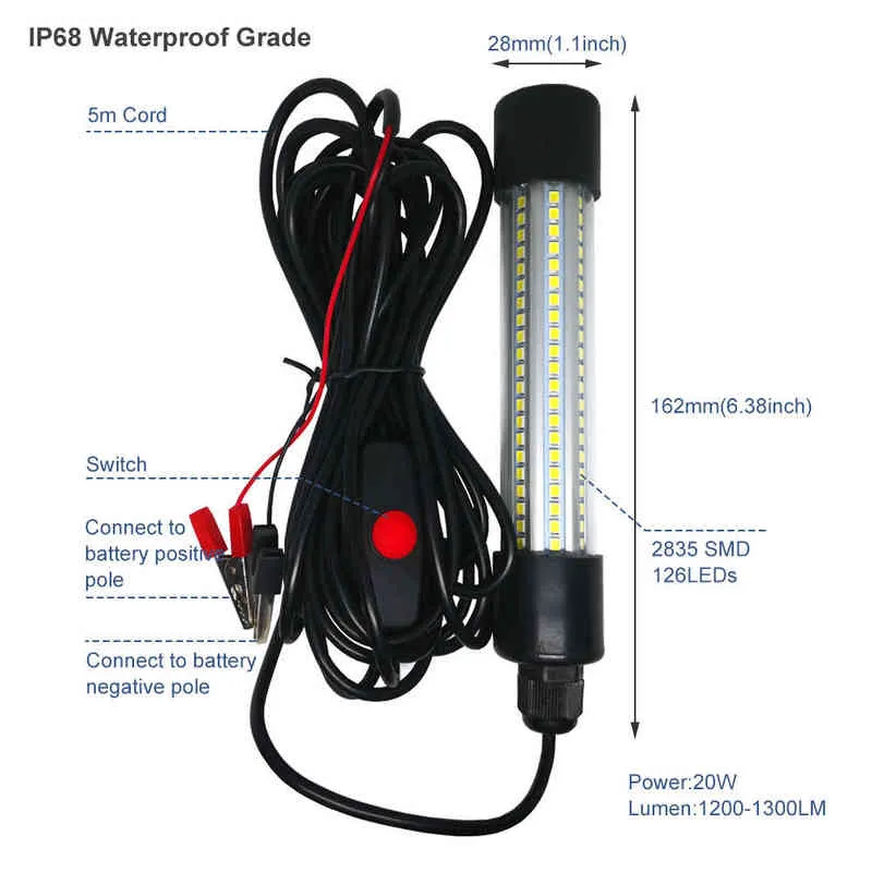 12V 20W 126 LED Grünes Unterwasser-Nachtfischlicht, das Fischfinderlampe sammelt, lockt Garnelen, Tintenfisch, Krilllampe an 220120