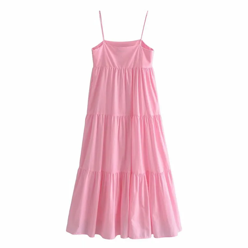 VUWWYV Robe d'été Rose Slip Dos nu Maxi es Femmes Élégante Plissée Soirée Femme Coton Rétro Robe 210430