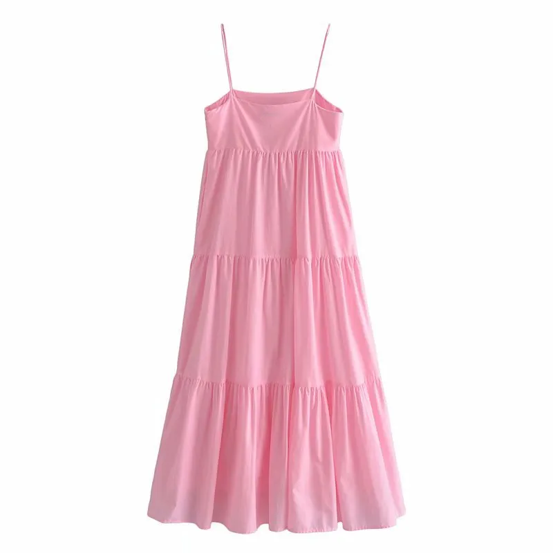 VUWWYV Summer Dress Pink Slip Backless Maxi es Women Elegant Pleated Evening Party Woman Cotton retro Vestido 210430