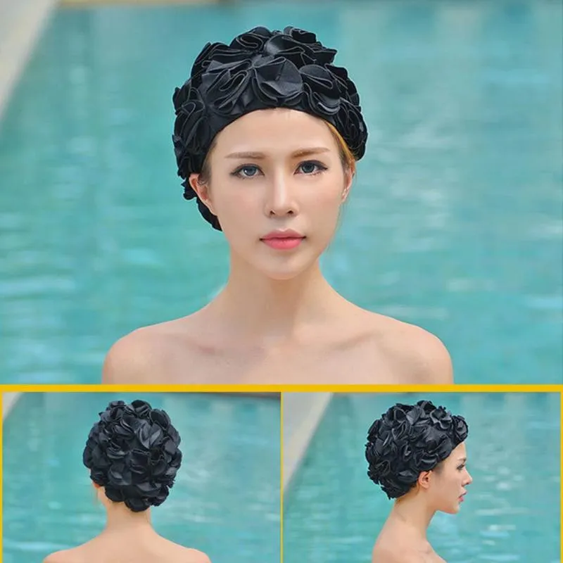 色のための3次元の花びらの水泳キャップ長い髪の屋外女性花のデザインキャップデリケート314J