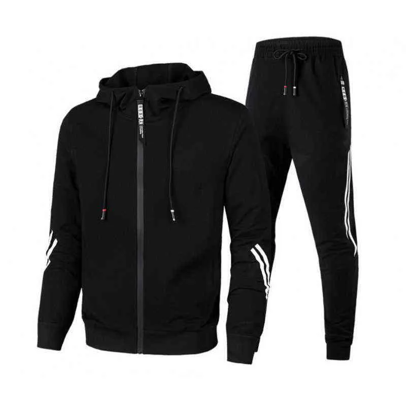 Luvtröja herr Träningsoveraller 2-delad tröja+träningsbyxa Homme Casual Jogging Sportswear Jacka Oversized herrkläder 211106