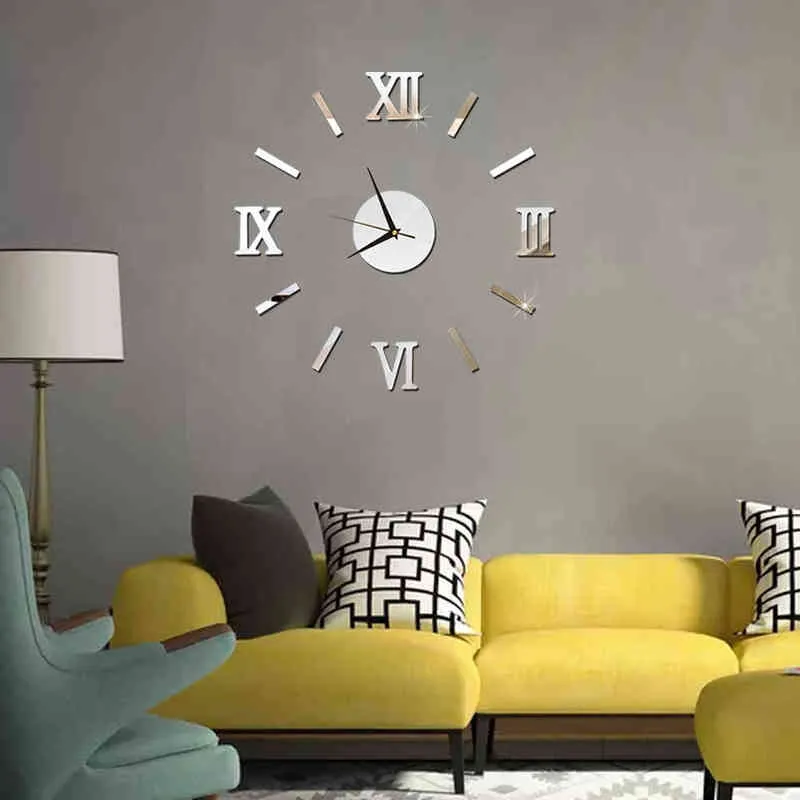 Moderno DIY Interior Romano Relógio De Parede 3d Espelho Acrílico Adesivos de Parede De Parede Quartz Relógios Sala de estar Assista Decalques Mural Decalques H1230