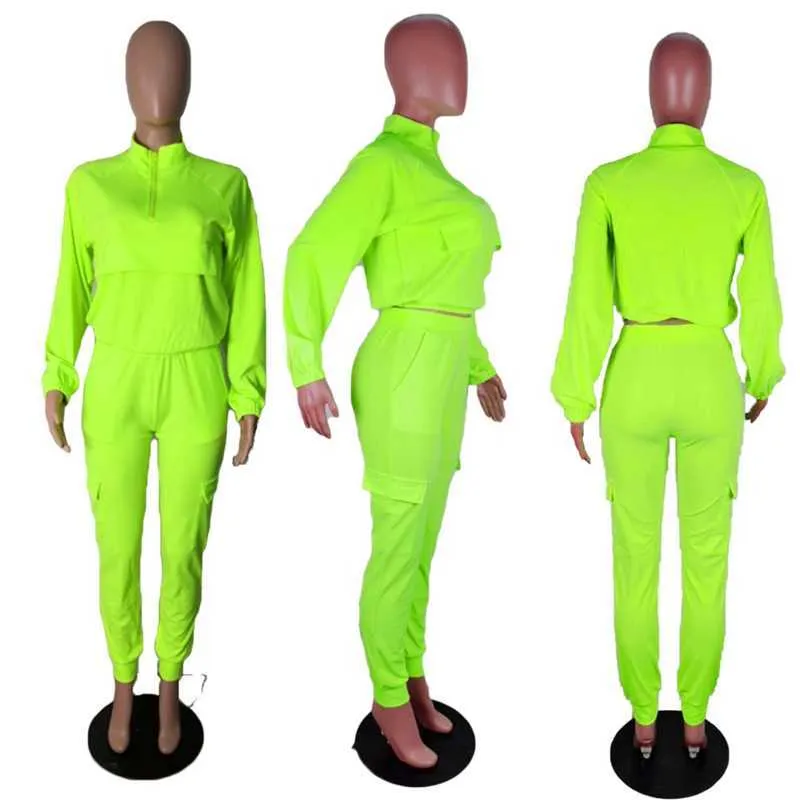 Herbst Neon Grün Schweiß Anzüge Frauen Casual Langarm Crop Top Cargo Hosen Set Sportwear Solide Zweiteilige Frauen Passenden sets Y0625