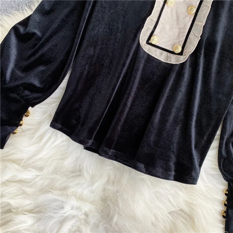 Otoño Invierno Camisa de terciopelo negro Mujer Costura de oreja de madera Collar de pie Manga de soplo Moda suelta Top de fondo UK763 210506