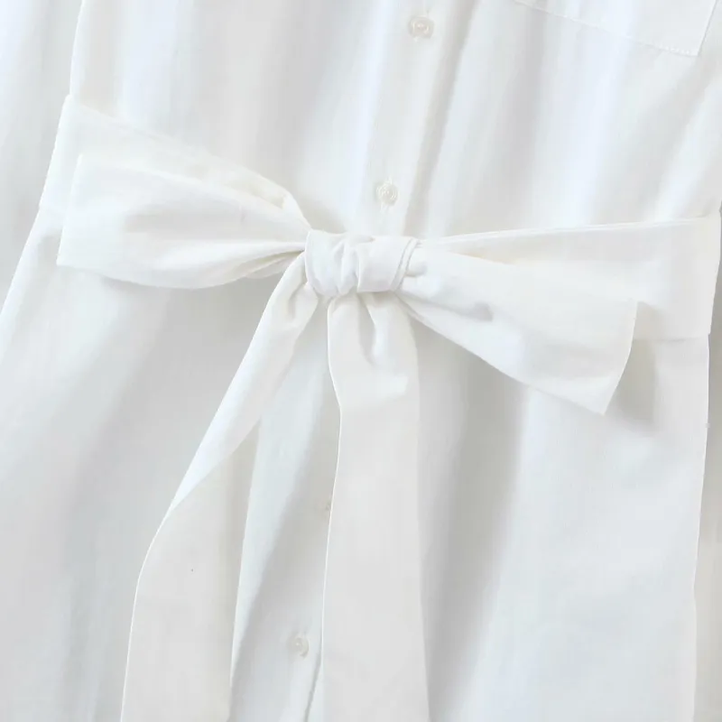 Casual Woman White Cotton Soft Shirt Dress Spring-Autumn Ladies Elegant Basic Sashes es Female Chic Pocket 210515