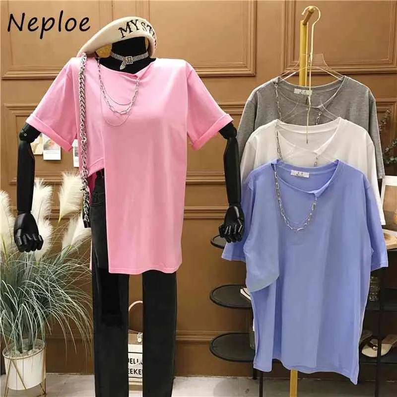 Neploe Side Split Deisgn Mode T-shirt Femmes O Cou Pull À Manches Courtes Tees Femme Lâche Causal Solide Dames Top Tout Match 210423