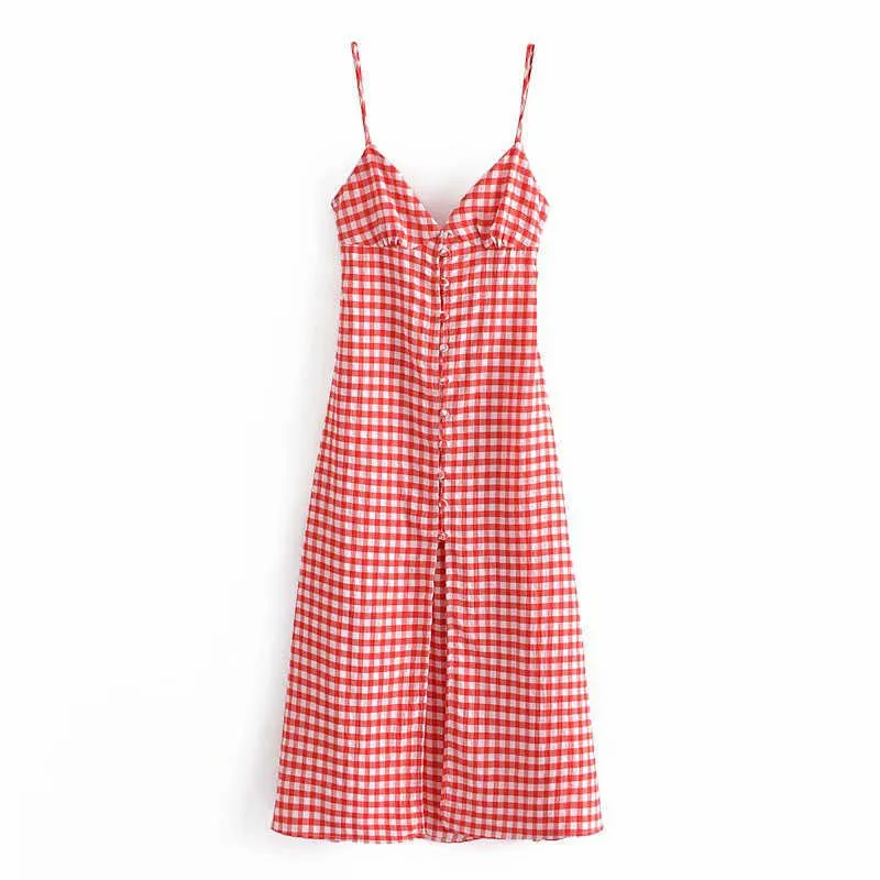 ZA Bretelles Vichy Robe D'été Femmes Plaid Sans Manches Dos Nu Sexy Robes De Soirée Femme Bretelles Spaghetti Mini Robe Rouge 210602