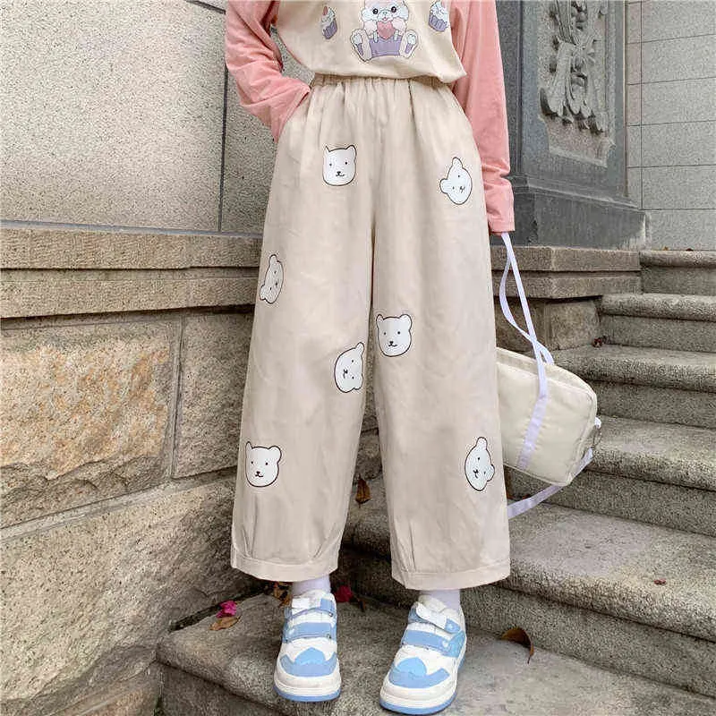 Japonais Kawaii Doux Fille Ours Mignon Impression Femmes Pantalon Base Sauvage Taille Haute Lâche Pantalon Taille Élastique Casual Étudiant Pantalon 211112