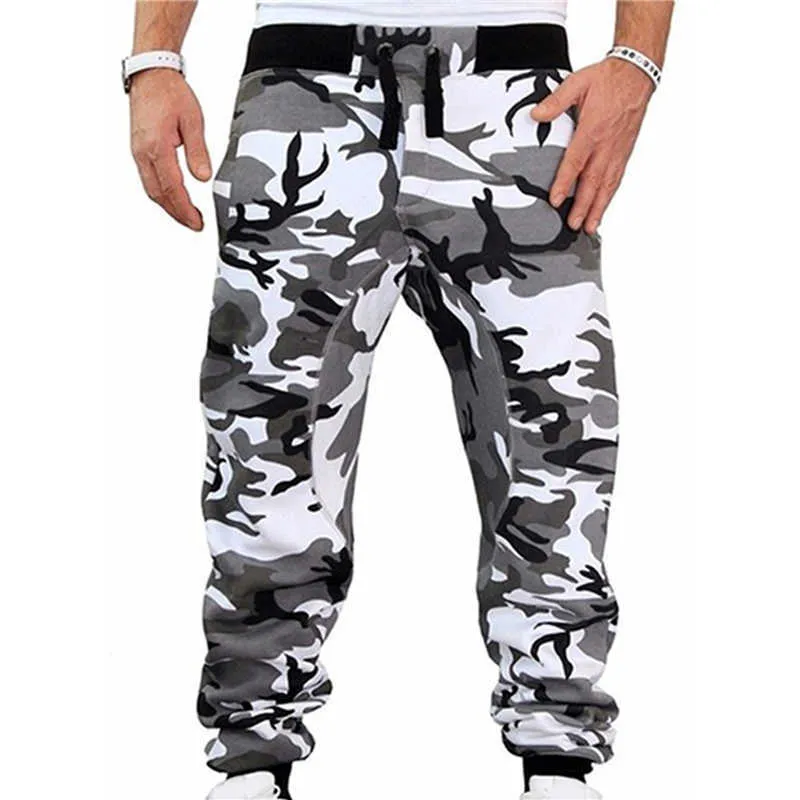 Mens Joggers camuflando calças de moletom de suportes casuais calças de camuflagem completa calças de carga listrada de fitness 211013