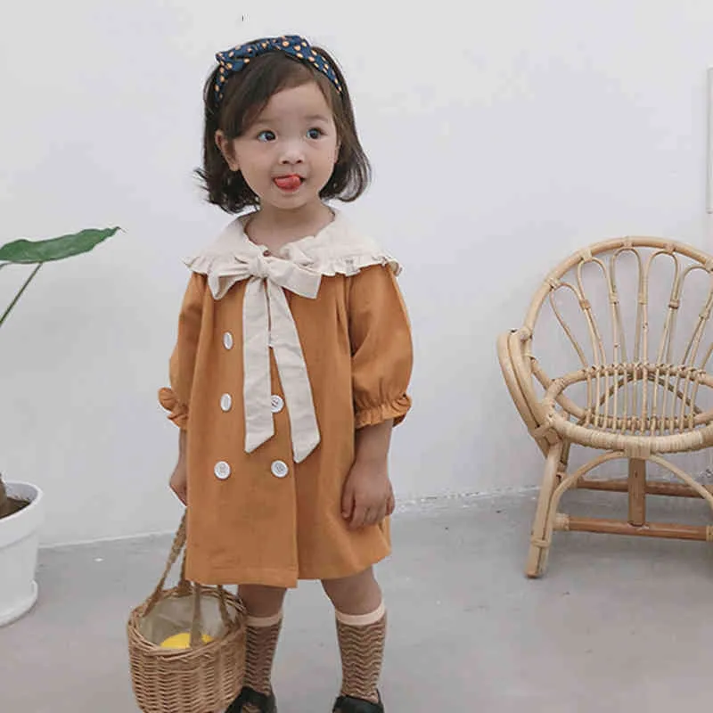 Baby Girl Dress Autumn Bow Childrenclothes Doll Big Lapel Dubbelbröst prinsessa 210515