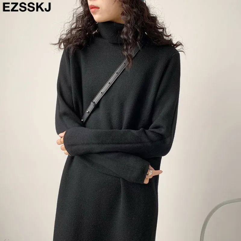 Casual Autumn Winter Pile Collar Tjock Maxi Weater Pullovers Dres Basic Loose Sweater Female Turtleneck Long 220215