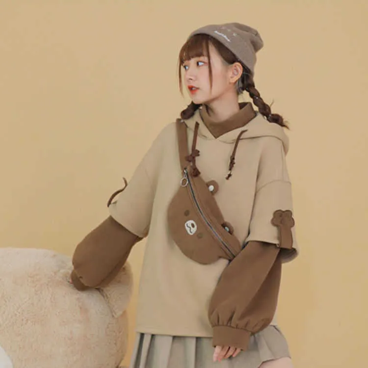 Harajuku Aesthetik Ayı Anime Hoodie Kadın Kore Kawaii Crewneck Uzun Kollu Boy Streetwear KPOP Güz Kış Giysileri Tops 210721