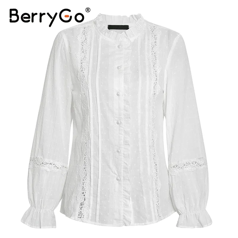 Berryo Summer Floral Cotton White Blue Vintage Hollow Out Female Office Ladies Topps Casual Spets Long Sleeve Blue Shirts 210326