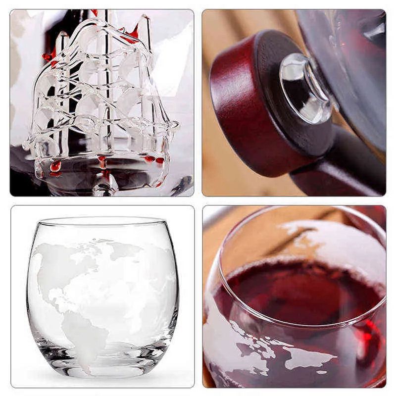 Whisky Decanter Globe Wine Glass Set Sailboat Skull Inside Crystal Whisky Carafe with Fine Wood Stand Liquor Decanter voor wodka y1120