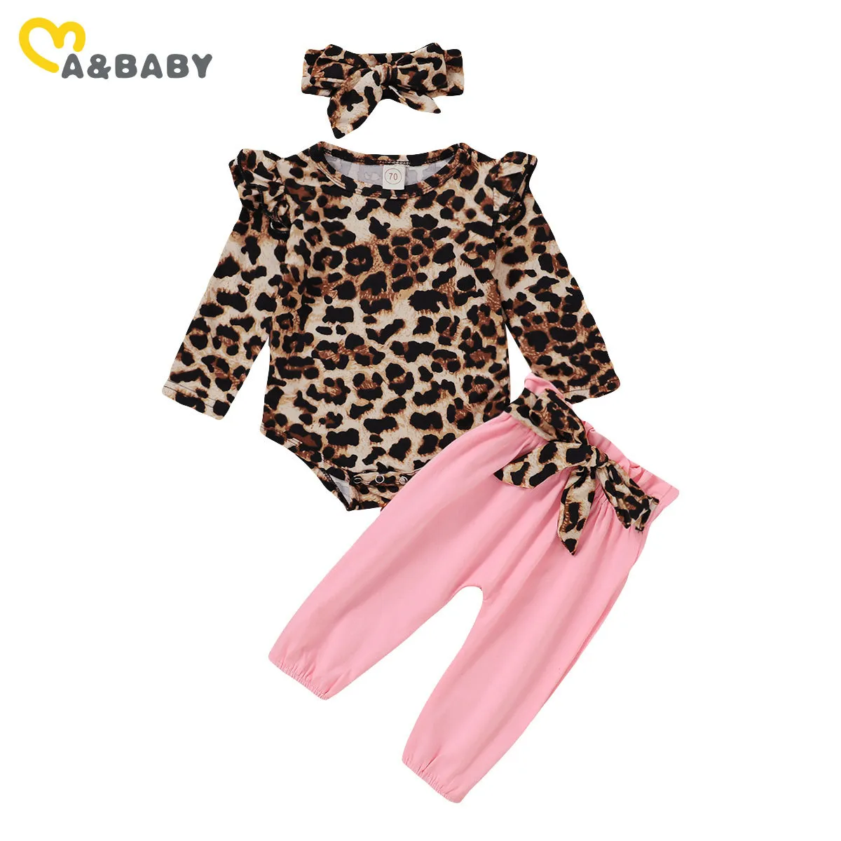 0-18M né infantile bébé filles léopard fleur vêtements ensemble volants à manches longues barboteuse arc pantalon tenues automne Costumes 210515
