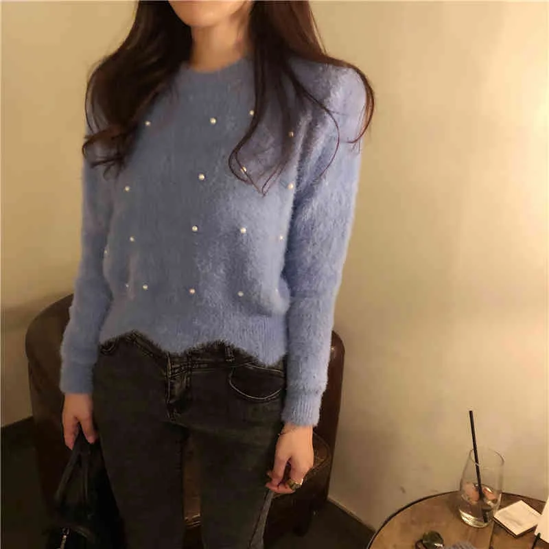 Autumn Winter Women's Sweater Korean Style Pure Color Beaded Long-sleeved Casual All-match Knitted Tops GX742 210507