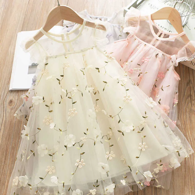 Dentelle brodée petites fleurs robes pour fille 1-8 ans été enfants anniversaire présent robe de soirée Costume enfant en bas âge vêtements Q0716