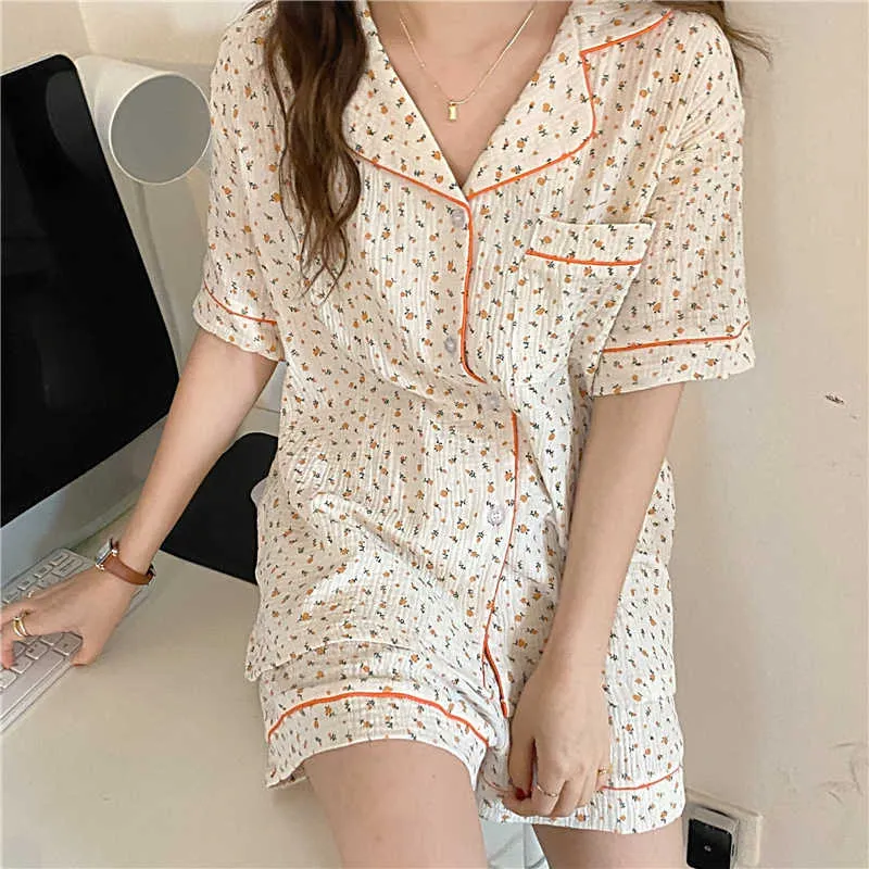 All Match Piante stampate Eleganti ragazze gentili Allentato Casual Homewear Donna Sleepwear Pigiama Completi 210525