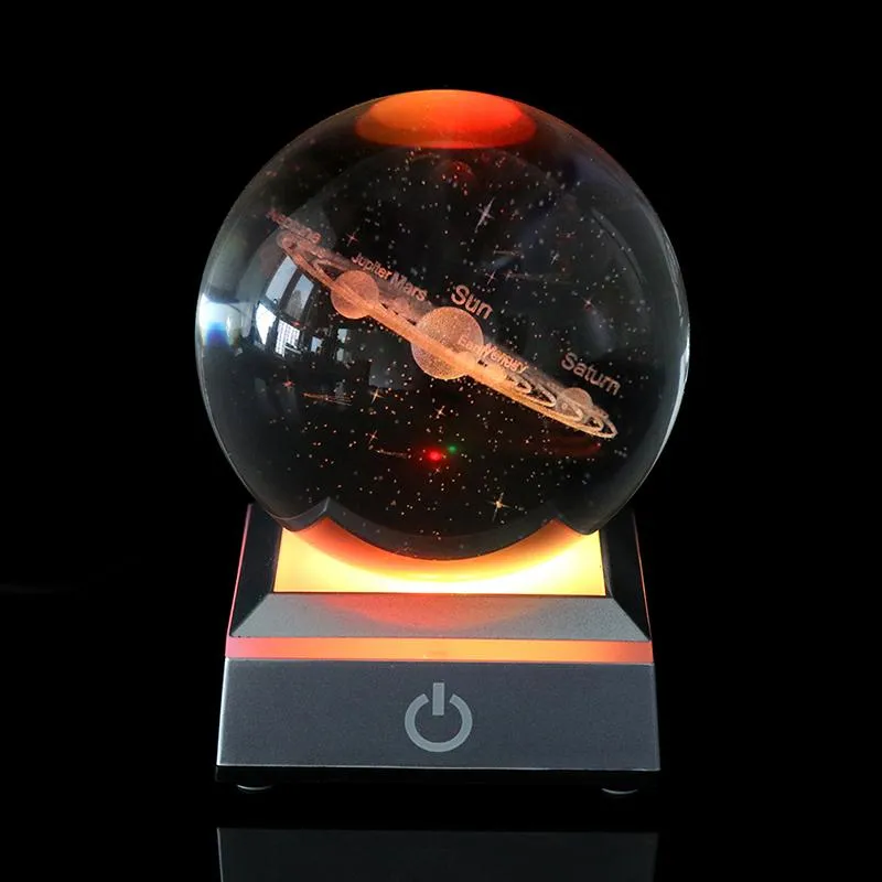 Noviteiten 60cm 80cm K9 Kristal Zonnestelsel Planeet Globe 3D Laser Gegraveerde Zon Bal Met Touch Schakelaar LED Licht basis Astronomy221S