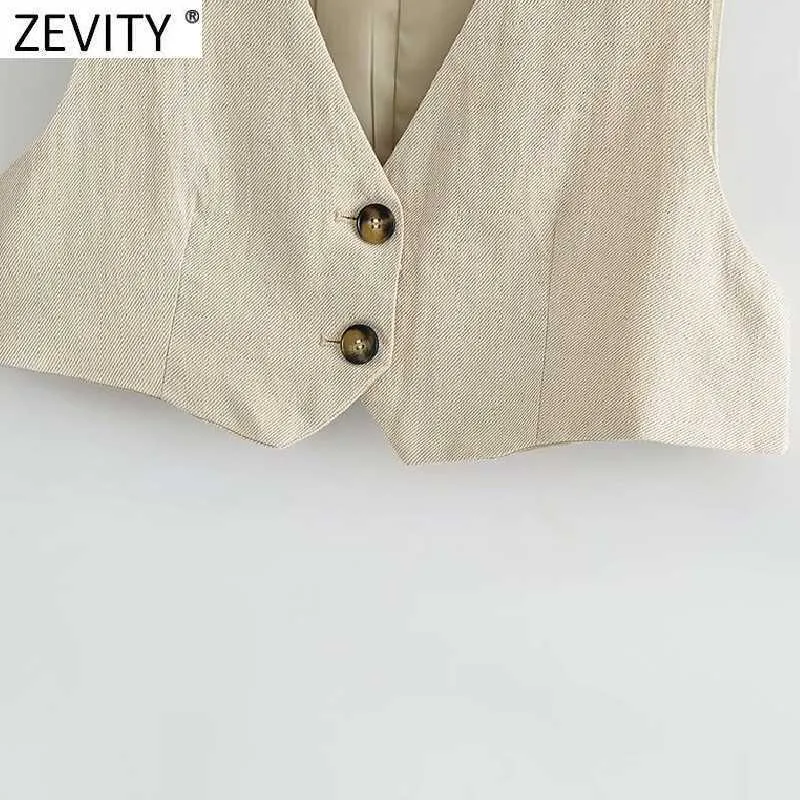 Zevity Women Vintage V Neck Solid Kolor Linen Short Vest Kurtka Lady Retro Sleepelaless Casual Smukły kamizelki