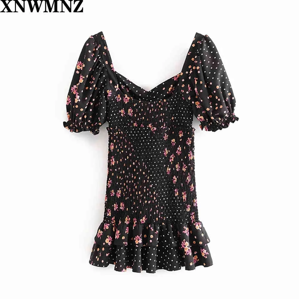 Dames Floral en Dot Print Smocked Mini-jurk met puff Sleeves Tonal Belt. Speelse gelaagde ruche zoom. 210520