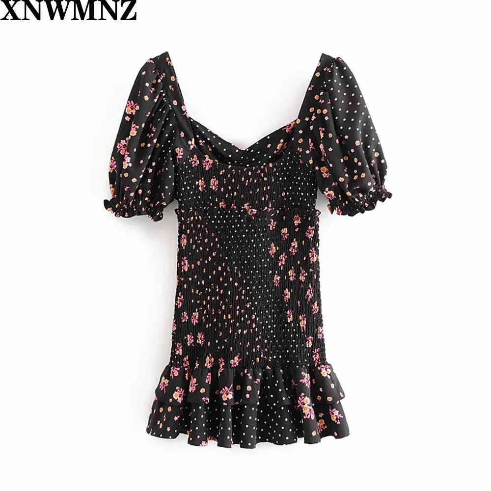 Kvinnor Blommor och Dot Print Smocked Mini Dress med Puff Sleeves Tonal Belt. Lekfullt Tiered Ruffle Hem. 210520