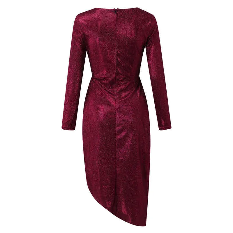 Women Sexy Dress Deep V Sequins Dress Wrap Ruched Long Sleeve Nightclub Outfits Hem Slit Elegant Tight Party Dresses Vestidos Y1204