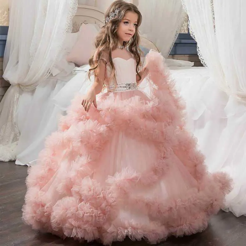 Blomma flicka klänning fluffig tulle fest boll klänning för bröllop prinsessa barn kläder 2-13y gd004 210610
