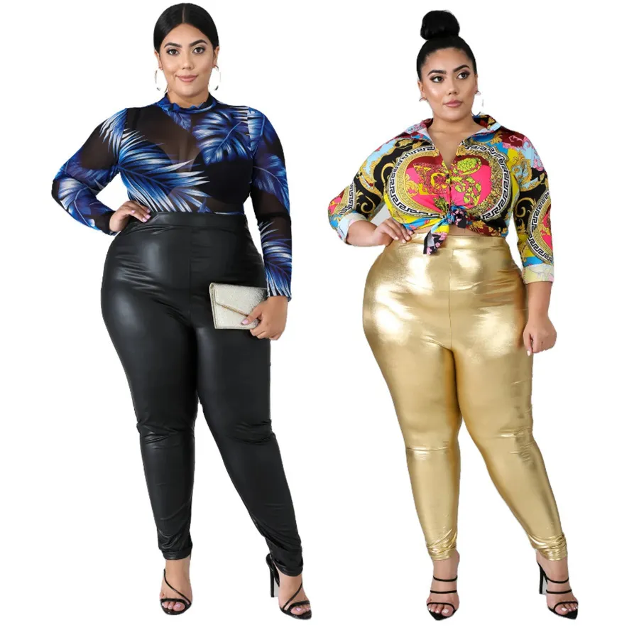 Women High Waist PU Gold Stamping Pants Winter Lady Wholesale Plus Size XL-5XL Solid Skinny Pencil Trousers 210525