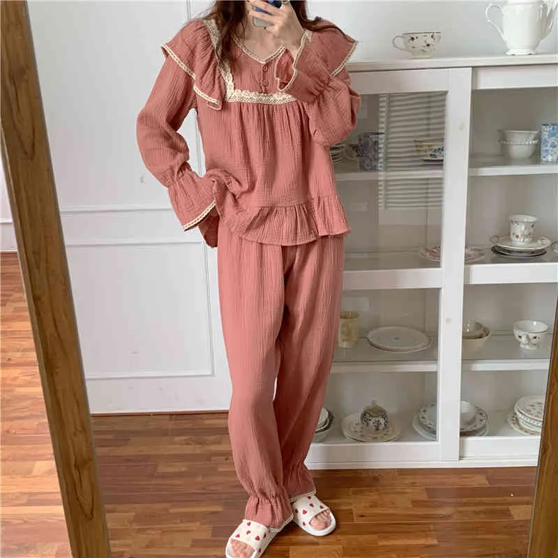 Rosa Homewear Bomull Mode Nattkläder Lös Casual All Match Sweet Soft Chic Två Piece Suit Pyjamas Sets 210525